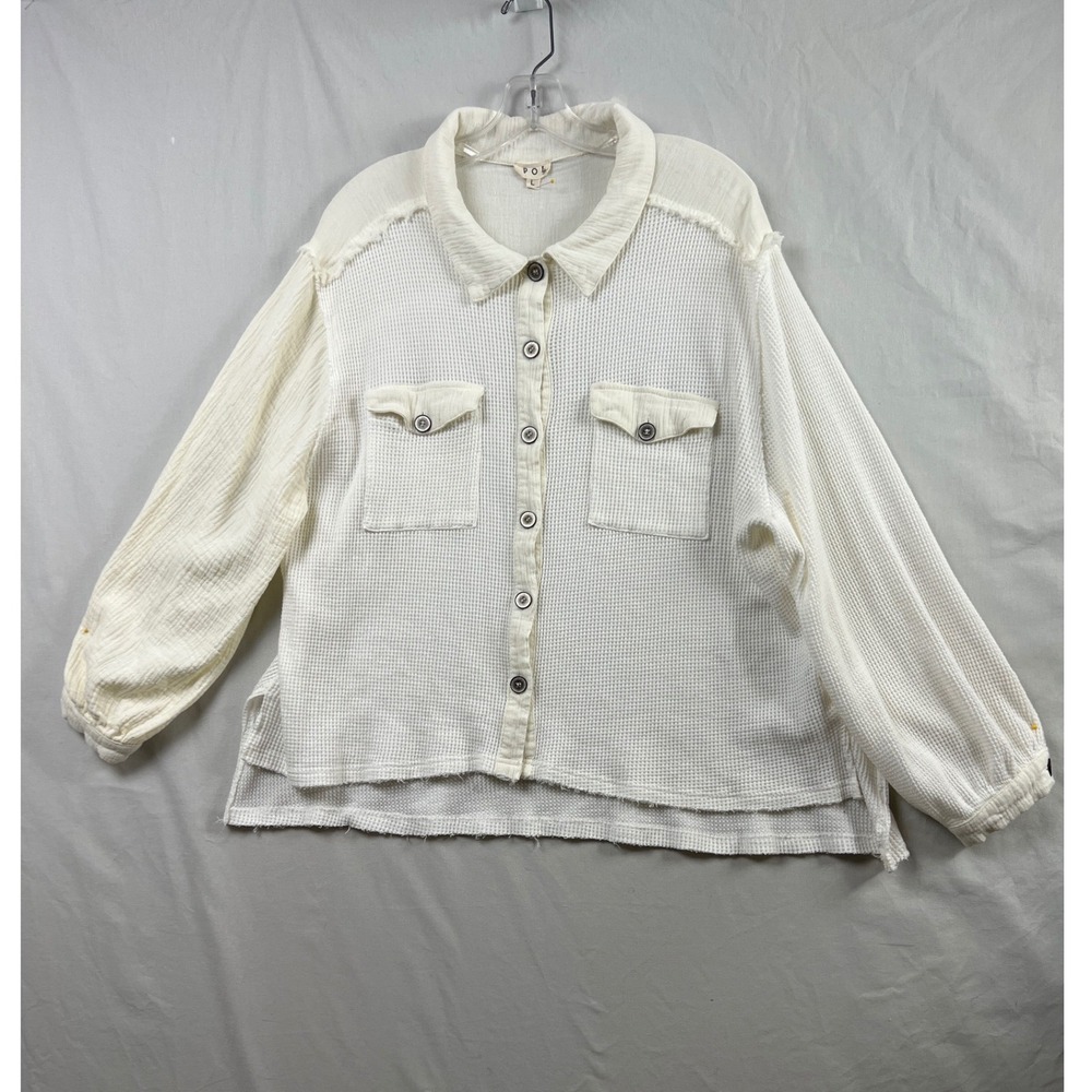 POL Mixed Media Waffle Knit Gauze Shirt Women Large Ivory Button Down Shacket